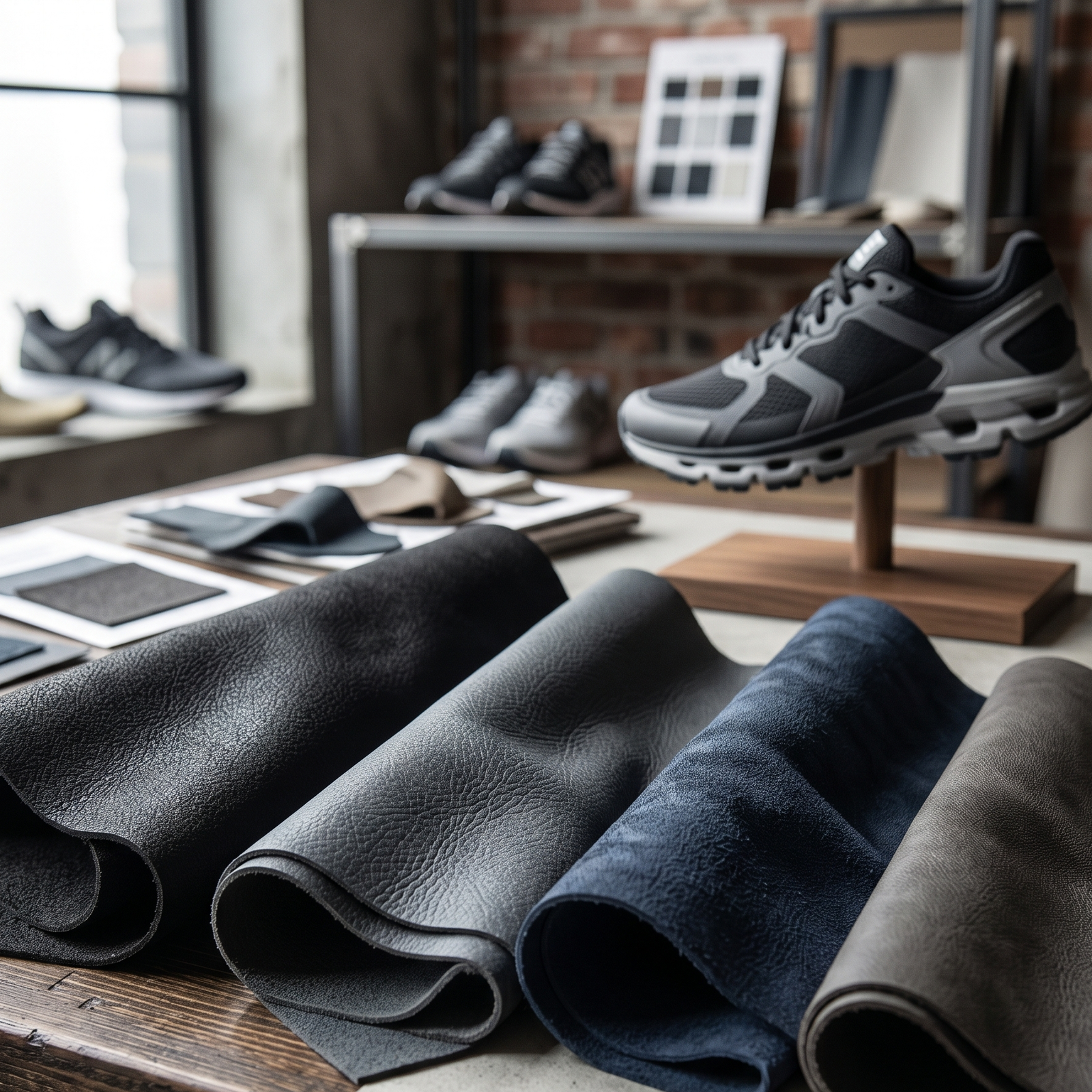 A variety of synthetic leather swatches for footwear